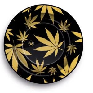 tin ashtray gold marijuana leaves